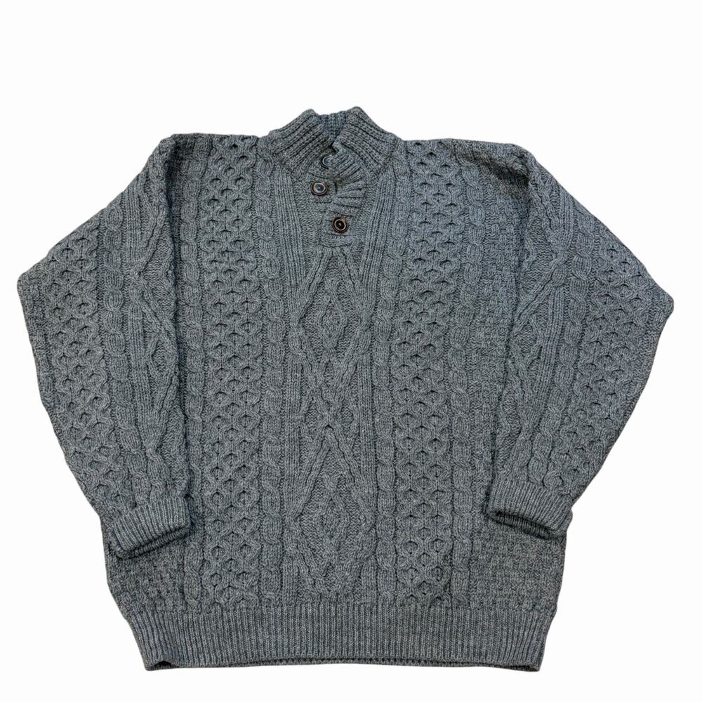 Aran Woolen Mills Sweater Men's Large Gray 100% Merino Wool 3 Button Henley